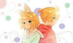  1boy 1girl ahoge balloon blue_eyes blueberry_hedy blush bow bow_hairband collarbone commentary_request double-parted_bangs drawstring from_side green_hoodie hair_between_eyes hair_ornament hairband hairclip high_ponytail hood hood_down hoodie kagamine_len kagamine_rin kimipedia_(vocaloid) looking_at_viewer medium_hair parallel_hairclips parted_bangs polka_dot polka_dot_background ponytail red_hoodie short_hair short_ponytail sidelocks sweat turning_head twitter_username two-tone_hoodie vocaloid white_background white_bow white_hairband white_hoodie 