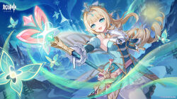  1girl aqua_dress aqua_eyes aqua_gem aqua_hair aqua_streaks blonde_hair bright_pupils commentary_request detached_sleeves dress drill_hair drill_ponytail fairy fairy_wings floating_hair gem genshin_impact gloves highres holding long_hair long_sleeves looking_at_viewer multicolored_hair official_art open_mouth outdoors pantyhose pointy_ears single_bare_shoulder single_detached_sleeve smile solo streaked_hair tiara very_long_hair vesna_(genshin_impact) white_gloves white_pantyhose white_pupils wings 