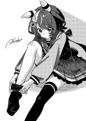  1girl a4_(a4_eishi) animal_ears closed_mouth dressing ear_covers feather_hair_ornament feathers full_body greyscale hair_ornament horse_ears horse_girl horse_tail invisible_chair long_hair long_sleeves monochrome pleated_skirt school_uniform shirt signature sitting skirt solo tail thigh-highs tracen_school_uniform umamusume win_variation_(umamusume) winter_uniform 