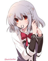  1boy absurdres asuka_minato blush bow bowtie braid braiding_hair braiding_own_hair closed_mouth commentary crossdressing crossdressing_(mtf) grey_hair hair_between_eyes hair_tie_in_mouth hairdressing hands_up haruka3no25love highres long_sleeves looking_at_viewer male_focus medium_hair mouth_hold otome_domain red_bow red_bowtie red_eyes school_uniform shirt side_braids sidelocks simple_background solo trap twitter_username upper_body white_background white_shirt 