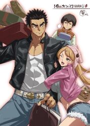  1girl 2boys absurdres akihiro_altland black_hair black_jacket blonde_hair blush brothers commentary_request couple covered_abs denim denim_shorts gundam gundam_tekketsu_no_orphans highres jacket lafter_frankland masahiro_altland multiple_boys multiple_girls muscular muscular_male pomita puff_of_air shirt shorts siblings spiky_hair tall_male white_shirt 