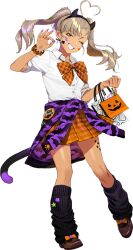  ahoge animal_print badge bag bat_print black_socks bow bowtie brown_hair cat_tail clothes_around_waist dark-skinned_female dark_skin full_body green_eyes grin gyaru heart heart_ahoge jacket jacket_around_waist kantai_collection kashi_(halloween)_(kancolle) kashi_(kancolle) long_hair loose_socks official_alternate_costume official_art ok_sign one_eye_closed orange_bow orange_bowtie orange_skirt paw_print plaid_bow plaid_bowtie plaid_clothes pleated_skirt print_jacket purple_jacket school_uniform shopping_bag skirt smile socks sticker sticker_on_face tail twintails umihara_sakana 