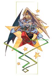  1girl adjusting_eyewear alecto_(hades) blue_skin brown_hair colored_skin eriochromatic eyelashes hades_(series) hades_1 highres looking_at_viewer ponytail red_eyes red_robe robe sharp_teeth shoulder_spikes single_wing solo spikes star_(symbol) teeth white_background wings 