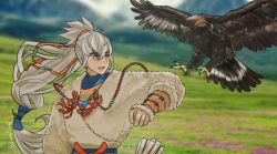 1boy arrow_(projectile) artist_name bird commentary_request fire_emblem fire_emblem_fates fire_emblem_heroes looking_at_animal male_focus open_mouth photo_background ponytail smile sorafuuai takumi_(fire_emblem) takumi_(sacae)_(fire_emblem) twitter_username upper_body 