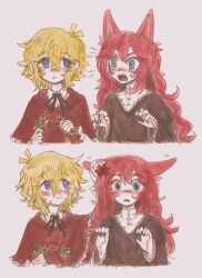  1boy 1girl alternate_costume alternate_universe animal_ears antenna_hair aubrey_(faraway)_(omori) aubrey_(omori) bad_id bad_twitter_id basil_(faraway)_(omori) basil_(omori) black_nails blonde_hair blue_eyes commentary commentary_typo double-parted_bangs english_commentary fangs fingernails flower flower_wreath grey_background hair_between_eyes hair_flower hair_ornament highres holding_head_wreath kemonomimi_mode long_hair long_sleeves looking_at_another omori open_mouth parted_lips pink_hair sharp_fingernails sharp_teeth short_hair sidelocks simple_background teeth wolf_ears wolf_girl yuilu_(yuiluqqq) 