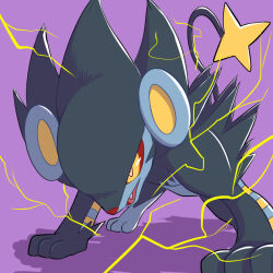  colored_sclera commentary_request electricity fang hama_sou looking_ahead luxray no_humans open_mouth pokemon pokemon_(creature) purple_background red_sclera solo yellow_eyes 