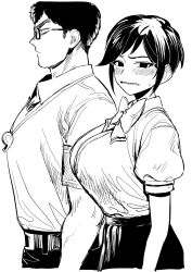  1boy 1girl arakure_ojou-sama_wa_monmon_shiteiru armband arms_at_sides bags_under_eyes belt belt_buckle blush border bow bowtie breasts buckle clenched_teeth collared_shirt commentary_request from_side glasses greyscale half-closed_eyes hatching_(texture) height_difference highres jewelry kiritsu_tadashi kuchinashi_tsubaki large_breasts looking_ahead looking_at_viewer monochrome naki_(nakiknt) necklace pendant puffy_sleeves rectangular_eyewear sanpaku school_uniform scowl shirt shirt_tucked_in short_hair short_sleeves sideburns sidelocks simple_background sketch skirt small_sweatdrop squinting sweatdrop teeth tented_shirt thick_eyebrows toned toned_male upper_body very_short_hair whistle whistle_around_neck white_background white_border 