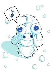  alcremie alcremie_(berry_sweet) alcremie_(salted_cream) blue_eyes bubble commentary_request from_above full_body hama_sou looking_at_viewer musical_note no_humans open_mouth pokemon pokemon_(creature) shadow simple_background solo spoken_musical_note white_background 