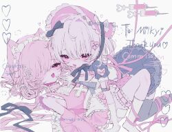  2girls blush cross frills garter_straps hair_ornament hairclip heart heart_hair_ornament kikiko legs_up long_hair looking_at_viewer lying multiple_girls on_back open_mouth original pink_eyes pink_hair pink_theme short_hair sitting syringe thigh-highs white_background white_hair yami_kawaii yume_kawaii yuri 