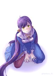  1girl absurdres ahoge aoihana_15 blue_dress blush breasts brown_pantyhose closed_mouth commentary_request dress from_above full_body hair_ornament highres jewelry long_hair long_sleeves looking_at_viewer medium_breasts melty_pristis necklace nun pantyhose purple_hair re:zero_kara_hajimeru_isekai_seikatsu simple_background sitting solo twintails twitter_username very_long_hair wavy_mouth white_background yellow_eyes 