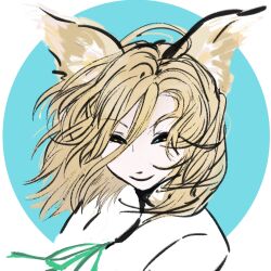  1girl animal_ear_fluff animal_ears blonde_hair blue_background border closed_mouth cyyyk dot_nose fox_ears fox_girl green_ribbon hair_between_eyes half-closed_eyes highres kudamaki_tsukasa long_hair_between_eyes looking_at_viewer medium_hair outside_border portrait ribbon romper round_border simple_background smile solo touhou white_romper yellow_eyes 