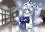  alternate_color blue_dress blue_eyes breasts dress fox_tail fur_trim hands_in_sleeves hat large_breasts multiple_tails silver_hair solo tail touhou yakumo_ran yutanpo-2 