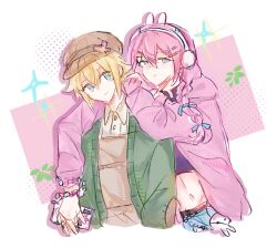  1boy 1girl animal_charm animal_ear_headphones animal_ears arms_on_another's_shoulder aubrey_(birthday)_(omori) aubrey_(faraway)_(omori) aubrey_(omori) basil_(birthday)_(omori) basil_(faraway)_(omori) basil_(omori) blue_eyes bracelet braid brown_hat cardigan character_charm charm_(object) closed_mouth cropped_legs denim double-parted_bangs fake_animal_ears green_cardigan hair_between_eyes hair_ornament hairclip halftone hat headphones highres jeans jewelry light_smile low_twin_braids newsboy_cap omori open_cardigan open_clothes pants parallel_hairclips phone pink_cardigan pink_hair rabbit_ear_headphones rabbit_ears sidelocks sparkle toiyeuthanlan twin_braids white_background 