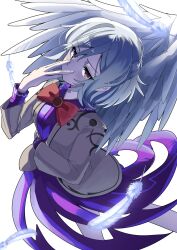  1girl angel_wings bow bowtie braid breasts covering_own_mouth dress feathered_wings feathers from_above grey_hair grey_wings half_up_braid hand_over_own_mouth highres jacket karitekitakani kishin_sagume long_sleeves looking_at_viewer looking_up medium_breasts open_clothes purple_dress red_bow red_bowtie red_eyes short_hair simple_background single_wing solo touhou white_background white_wings wings 