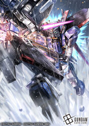  amasaki_yusuke blurry commentary_request energy_sword fighting flying force_impulse_gundam freedom_gundam full_body green_eyes gundam gundam_card_game gundam_seed gundam_seed_destiny mecha mobile_suit official_art robot sky sunrise sword weapon 