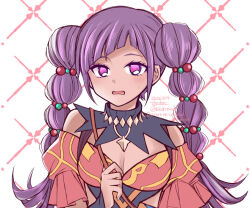  1girl bag bare_shoulders bkdntrrdr black_collar collar commentary_request dress fire_emblem fire_emblem:_fortune's_weave hairband halvin_(fire_emblem) jewelry multicolored_dress necklace open_mouth peanut_mouth purple_hair short_twintails shoulder_bag tan twintails twitter_username upper_body violet_eyes 