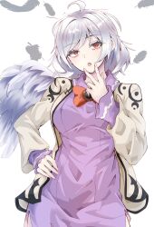  1girl absurdres ahoge bow bowtie commentary_request dress falling_feathers feathered_wings feathers grey_hair grey_jacket grey_wings hand_on_own_hip highres jacket kakineko kishin_sagume long_sleeves looking_at_viewer open_clothes open_jacket open_mouth purple_dress red_bow red_bowtie red_eyes simple_background single_wing solo touhou white_background wings 