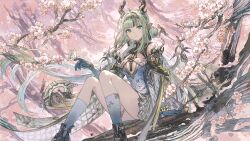  1girl arknights arknights:_endfield arm_support bare_shoulders bead_bracelet beads black_streaks blue_eyes blue_hands bracelet breasts bug butterfly butterfly_on_hand detached_sleeves double_bun dragon_girl dragon_horns dragon_tail dress eastern_dragon_horns eastern_dragon_tail eyeliner feet_out_of_frame flower game_asset green_hair grey_dress grey_socks hair_bun hairband highres holding holding_with_tail horns in_tree jewelry kneehighs long_hair looking_at_viewer maeka_(kumaekake) makeup multicolored_hair official_art pink_flower pointy_ears prehensile_tail red_eyeliner si_(arknights) sitting sitting_in_tree sleeveless sleeveless_dress small_breasts socks solo streaked_hair tail third-party_source tree very_long_hair very_low_bun 