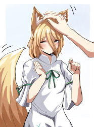  2girls absurdres amakaze16 animal_ear_fluff animal_ears blonde_hair blue_background blush border breasts closed_mouth commentary_request cowboy_shot dot_nose fox_ears fox_girl fox_tail green_ribbon hair_between_eyes hands_up headpat highres kudamaki_tsukasa long_hair_between_eyes medium_hair motion_lines multiple_girls one_eye_closed outside_border raised_inner_eyebrows ribbon romper short_sleeves simple_background sleeve_ribbon small_breasts smile solo_focus split_mouth standing tail tail_raised tail_wagging touhou white_border white_romper yellow_eyes 
