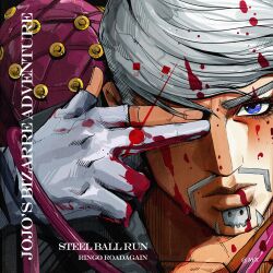  1boy absurdres araki_hirohiko_(style) artist_name beard blood blood_in_hair blood_on_face blood_on_gloves character_name clock_hands commentary copyright_name covering_one_eye facial_hair finger_gun gloves highres jojo_no_kimyou_na_bouken looking_at_viewer male_focus mandom_(stand) max16881 partially_fingerless_gloves ringo_roadagain stand_(jojo) steel_ball_run twitter_username 