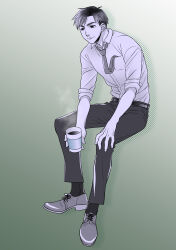  1boy absurdres commentary_request cup full_body green_background greyscale_with_colored_background hayashiya_shizuru hayate_x_blade highres holding holding_cup invisible_chair loose_necktie male_focus necktie shoes sitting sleeves_rolled_up smile socks solo steam 