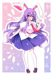  1girl absurdres animal_ears belt blush brown_shoes collared_shirt combat2000_(kuroneko) commentary_request full_body highres l_hand loafers long_hair looking_at_viewer necktie open_mouth outline puffy_short_sleeves puffy_sleeves purple_hair purple_skirt rabbit_ears rabbit_girl red_eyes red_necktie reisen_udongein_inaba shirt shoes short_sleeves skirt smile solo thigh-highs touhou very_long_hair white_outline white_shirt white_thighhighs 