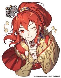  1girl ;) anna_(fire_emblem) anna_(fire_emblem:_fortune's_weave) armor blush braid cape chain closed_mouth earrings elephant finger_to_face finger_to_mouth fire_emblem fire_emblem:_fortune's_weave gold_armor gold_chain hair_between_eyes highres index_finger_raised jewelry long_hair looking_at_viewer one_eye_closed ponytail red_cape red_eyes red_hair revision silvercandy_gum simple_background smile solo spoken_animal upper_body vambraces white_background 