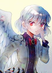 1girl bow bowtie closed_mouth dress feathered_wings gradient_background grey_hair grey_jacket grey_wings itomugi-kun jacket kishin_sagume long_sleeves looking_at_viewer open_clothes open_jacket purple_dress red_bow red_bowtie red_eyes single_wing solo touhou wings yellow_background 