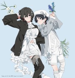  1boy 1girl arm_at_side arm_up artist_request asymmetrical_legwear black_boots black_eyes black_hair black_jacket black_sleeves blue_flower blunt_ends bonnet boots bow breasts character_request closed_mouth commentary_request commission couple dress english_text eyelashes feathers flower frilled_dress frilled_sleeves frills genshin_impact grey_background grey_eyes grey_jacket grey_socks hair_bow hands_up hetero highres holding holding_plant jacket korean_commentary lace-up_boots lapels large_breasts looking_at_another medium_dress mismatched_legwear mole mole_under_eye oc_x_canon original over-kneehighs plant pom_pom_(clothes) purple_flower red_bow ribbed_socks rimless_eyewear round_eyewear scaramouche_(genshin_impact) second-party_source shirt short_hair shorts sleeves_past_wrists smile socks split_mouth thigh-highs thigh_boots tsurime white_bonnet white_dress white_feathers white_flower white_shirt white_shorts white_socks 