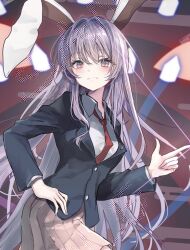  1girl :3 animal_ears black_jacket blazer blush closed_mouth collared_shirt commentary_request danmaku finger_gun hegata_(hegatia_lapis) highres jacket long_hair long_sleeves looking_at_viewer necktie pink_skirt pleated_skirt purple_hair rabbit_ears rabbit_girl red_eyes red_necktie reisen_udongein_inaba shirt skirt smile solo touhou very_long_hair white_shirt 