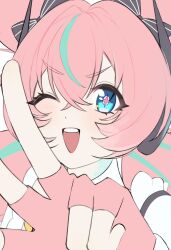  1girl :d ;d aqua_streaks aria_(human)_(zenless_zone_zero) aria_(zenless_zone_zero) blue_eyes commentary_request dress fingerless_gloves gloves hand_up highres looking_at_viewer multicolored_hair one_eye_closed open_mouth pale_colors pink_hair portrait qmqne simple_background smile solo streaked_hair unfinished white_background white_dress zenless_zone_zero 