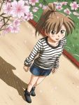  brown_eyes brown_hair cherry_blossoms denim_skirt from_above lielos looking_at_viewer open_mouth original poniko_(lielos) shirt skirt smile solo striped striped_shirt 