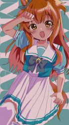  :d alternate_color animal_ears blush commentary hair_ribbon hand_on_own_forehead horse_ears horse_girl horse_tail horseshoe_ornament leg_up long_hair looking_at_viewer mayano_top_gun_(umamusume) orange_eyes orange_hair poyochi puffy_short_sleeves puffy_sleeves ribbon sailor_collar sailor_shirt school_uniform shirt short_sleeves smile solo summer_uniform tail text_background tracen_school_uniform two-tone_background two_side_up umamusume untranslatable_commentary white_sailor_collar 