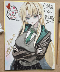  1girl absurdres blonde_hair breasts commentary crossed_arms dated diagonal-striped_clothes diagonal-striped_necktie english_text gangbyeon genderswap genderswap_(mtf) green_eyes green_necktie harry_potter_(series) highres hogwarts_school_uniform long_hair long_sleeves malfoid necktie robe school_uniform shikishi shirt signature solo striped_clothes striped_necktie sweater traditional_media white_shirt wizarding_world 