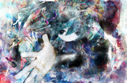  1girl abstract abstract_background absurdres blue_eyes blue_hair closed_mouth commentary_request glitch_art hatsune_miku highres hilty looking_at_viewer reaching reaching_towards_viewer smile solo vocaloid 