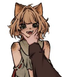  animal_ears bare_shoulders blonde_hair bow cat_boy cat_ears green_eyes green_shirt hand_on_another's_cheek hand_on_another's_face highres medium_hair non-web_source open_mouth red_bow sharp_teeth shirt short_eyebrows teeth trap 