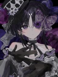  1girl black_gloves black_hair black_hat black_kimono bug butterfly butterfly_over_eye closed_mouth expressionless gloves hat highres housho_margo irohaanzu japanese_clothes kimono mahou_shoujo_no_majo_saiban mini_hat mini_top_hat purple_butterfly short_hair solo top_hat upper_body violet_eyes 