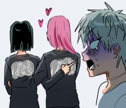  1boy 2girls alien_stage black_hair black_sweater blank_eyes bob_cut grey_hair hair_over_shoulder heart highres koaen0024 long_sleeves merchandise middle_finger mizi_(alien_stage) multiple_girls open_mouth pink_hair shirt short_hair sua_(alien_stage) surprised sweater till_(alien_stage) very_short_hair white_shirt yuri 