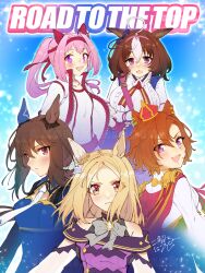  5girls @_@ admire_vega_(starry_nocturne)_(umamusume) admire_vega_(umamusume) ahoge animal_ears bag bare_shoulders between_breasts blonde_hair blue_dress blush bodice bow bowtie breasts brown_hair buruma cape closed_mouth commentary_request crown double-parted_bangs dress ear_bow ear_covers ear_ribbon flower-shaped_pupils flower_in_eye gloves gold_corset grey_bow grey_bowtie hair_between_eyes hairband haru_urara_(bestest_prize)_(umamusume) haru_urara_(umamusume) headband horse_ears horse_girl jacket jewelry kanikanidosanko large_breasts long_hair long_sleeves looking_at_viewer low_ponytail medium_breasts meisho_doto_(turbulent_blue)_(umamusume) meisho_doto_(umamusume) mini_crown multicolored_hair multiple_girls narita_top_road_(the_proud_road)_(umamusume) narita_top_road_(umamusume) necktie open_mouth orange_hair pink_buruma pink_cape pink_crown pink_hair pink_hairband pink_headband ponytail purple_dress red_buruma red_headband shirt short_hair shoulder_bag single_ear_cover small_breasts smile strap_between_breasts symbol-shaped_pupils symbol_in_eye t.m._opera_o_(o_sole_suo!)_(umamusume) t.m._opera_o_(umamusume) two-tone_hair umamusume violet_eyes white_gloves white_hair white_jacket white_necktie white_shirt 