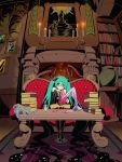  aqua_eyes aqua_hair blood book books candle couch cthulhu_mythos cup detached_sleeves fireplace hatsune_miku highres indoors knife long_hair lovecraft mask maxgonta necktie necronomicon octopus sitting solo tea tentacle tentacles twintails very_long_hair vocaloid 