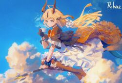  1girl absurdres aqua_eyes arknights artist_name black_gloves blonde_hair blue_sky bodystocking brown_pantyhose chinese_commentary closed_mouth clouds commentary_request cup day dot_mouth dress drink flower flying full_body gloves hair_flower hair_ornament highres holding holding_drink infection_monitor_(arknights) long_hair no_nose outdoors pantyhose reed_(arknights) reed_the_flame_shadow_(arknights) rikaz shoes single_glove sky solo steam teacup white_dress white_flower white_shoes wind 