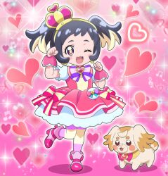  1girl :d ;d absurdres alternate_hair_length_(longer) arched_crown beamed_sixteenth_notes black_hair blonde_hair blush_stickers boots bow bright_pupils brooch brown_fur capelet chest_bow child clenched_hands colored_tips commentary cosplay crown cure_wonderful cure_wonderful_(cosplay) dog dot_nose dress dress_bow earrings eighth_note fidough frilled_sleeves frilled_wrist_cuffs frills full_body fusion gold_hairband hairband hands_up heart heart_background heart_brooch high_heel_boots high_heels highres hitokiwa_kenchin inukai_komugi inukai_komugi_(dog) jewelry knees_together_feet_apart layered_dress leg_up long_hair looking_at_viewer magical_girl medium_dress medium_hair mini_crown multicolored_bow multicolored_fur multicolored_hair multicolored_pantyhose musical_note musical_note_background naganawa_maria one_eye_closed open_mouth pact_holder pantyhose paw_pose petticoat pink_background pink_boots pink_bow pink_capelet pink_crown pink_dress pink_hair pink_pantyhose pink_theme pink_wrist_cuffs pleated_dress pokemon pokemon_(creature) pokemon_masters_ex pokemon_scarlet_and_violet poppy_(pokemon) precure puffy_short_sleeves puffy_sleeves purple_bow quarter_note raised_eyebrows red_eyes short_sleeves smile solo sparkle_background striped_bow striped_clothes striped_pantyhose tilted_headwear treble_clef twintails two-tone_fur two-tone_hair two-tone_pantyhose violet_eyes voice_actor_connection wonderful_precure! wrist_cuffs yellow_fur yellow_pantyhose yellow_pupils 
