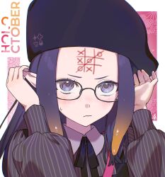  1girl absurdres ani_019 beret black_dress blue_eyes blunt_bangs body_writing close-up closed_mouth collared_shirt dress eyelashes forehead forehead_joke forehead_writing glasses gradient_hair hands_on_own_ears hat highres holoctober hololive hololive_english long_hair long_sleeves looking_at_viewer multicolored_hair ninomae_ina'nis ninomae_ina'nis_(casual) official_alternate_costume orange_hair pinafore_dress pinstripe_pattern pinstripe_shirt pointy_ears portrait purple_hair shiny_forehead shirt sidelocks simple_background sleeveless sleeveless_dress solo tentacle_hair tic-tac-toe very_long_hair virtual_youtuber 