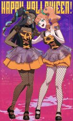  2girls alternate_costume alternate_hairstyle aqua_eyes black_corset black_hair blue_eyes blue_streaks breasts collarbone corset dark-skinned_female dark_skin dress eyewear_on_head fishnet_pantyhose fishnets halloween_costume highres long_hair medium_breasts multicolored_dress multicolored_hair multiple_girls nessa_(pokemon) open_mouth orange_hair orange_trim otonari_k-suke pantyhose pokemon pokemon_sword_and_shield puffy_short_sleeves puffy_sleeves purple_dress ribbed_shirt shirt short_dress short_sleeves side_ponytail smile sonia_(pokemon) streaked_hair swept_bangs two-tone_hair 