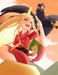  2girls :d animal_ear_fluff animal_ears arm_up armpits bare_shoulders bird black_choker black_hoodie brown_hair cho_kaguya-hime! choker closed_mouth clothing_cutout clouds cloudy_sky commentary cowboy_shot crescent crescent_hair_ornament eyeshadow floppy_ears forehead_jewel fox_ears fox_girl fox_tail front_slit green_eyes hair_ornament highres hood hood_down hoodie instrument japanese_clothes kaguya_(cho_kaguya-hime!) kara_hato33 kimono long_hair long_sleeves looking_ahead looking_at_another lop_rabbit_ears low-tied_long_hair makeup multiple_girls obi open_mouth orange_eyes orange_sky parted_bangs pink_shoes purple_hair rabbit_ears rabbit_girl red_eyeshadow red_kimono red_nails red_ribbon ribbon riding riding_animal sakayori_iroha sash shoes short_hair short_kimono shoulder_cutout sky smile tail tassel two-sided_fabric two-sided_sleeves untranslatable_commentary v-shaped_eyebrows very_long_hair 