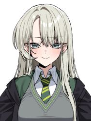  1girl b.t._(boob_tong) black_robe blonde_hair blush breasts diagonal-striped_clothes diagonal-striped_necktie genderswap genderswap_(mtf) green_eyes green_necktie grey_sweater_vest harry_potter_(series) hogwarts_school_uniform long_hair malfoid medium_breasts necktie portrait robe school_uniform shirt simple_background smile solo striped_clothes striped_necktie sweater_vest white_background white_shirt wizarding_world 