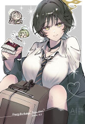  3girls absurdres blue_archive blush bow braid breasts character_name chibi collared_shirt commentary_request dated diagonal-striped_clothes diagonal-striped_necktie fuyu_(blue_archive) green_hair green_jacket green_necktie grey_hair hair_between_eyes hair_bow hair_intakes hair_ribbon halo happy_birthday highres holding holding_ticket jacket jacket_partially_removed jewelry large_breasts long_hair long_sleeves looking_at_viewer medium_hair miinu_(melenas) miyo_(blue_archive) mole mole_under_eye multiple_girls necklace necktie ribbon ribbon_in_braid ritsu_(blue_archive) school_uniform shirt short_hair sitting smile striped_clothes striped_necktie suitcase ticket two-tone_necktie white_bow white_shirt wolf_cut yellow_eyes yellow_halo yellow_necktie 