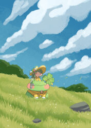  1girl absurdres blue_sky braid chibi clouds clover croakie_(trickcal) day flower four-leaf_clover full_body grass green_eyes green_hair hakuna_(korhape) hat hat_flower highres jacket long_hair outdoors raincoat rock sky trickcal ui_(trickcal) yellow_hat yellow_jacket zipper_pull_tab 