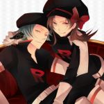  brown_eyes brown_hair clothes_writing cosplay gloves green_hair gun hat jikei kotone_(pokemon) lance_(pokemon) pokemon pokemon_(game) pokemon_gsc pokemon_heartgold_and_soulsilver pokemon_hgss proton_(pokemon) smile spoilers team_rocket team_rocket_(cosplay) twintails weapon 