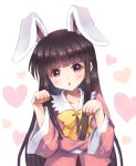  :o animal_ears animal_pose bangs black_hair blunt_bangs blush bow bowtie brown_hair bunny_ears bust cat_pose graphite_(medium) head_tilt heart houraisan_kaguya kemonomimi_mode long_hair mauve mixed_media multicolored_eyes open_mouth paw_pose solo touhou traditional_media 